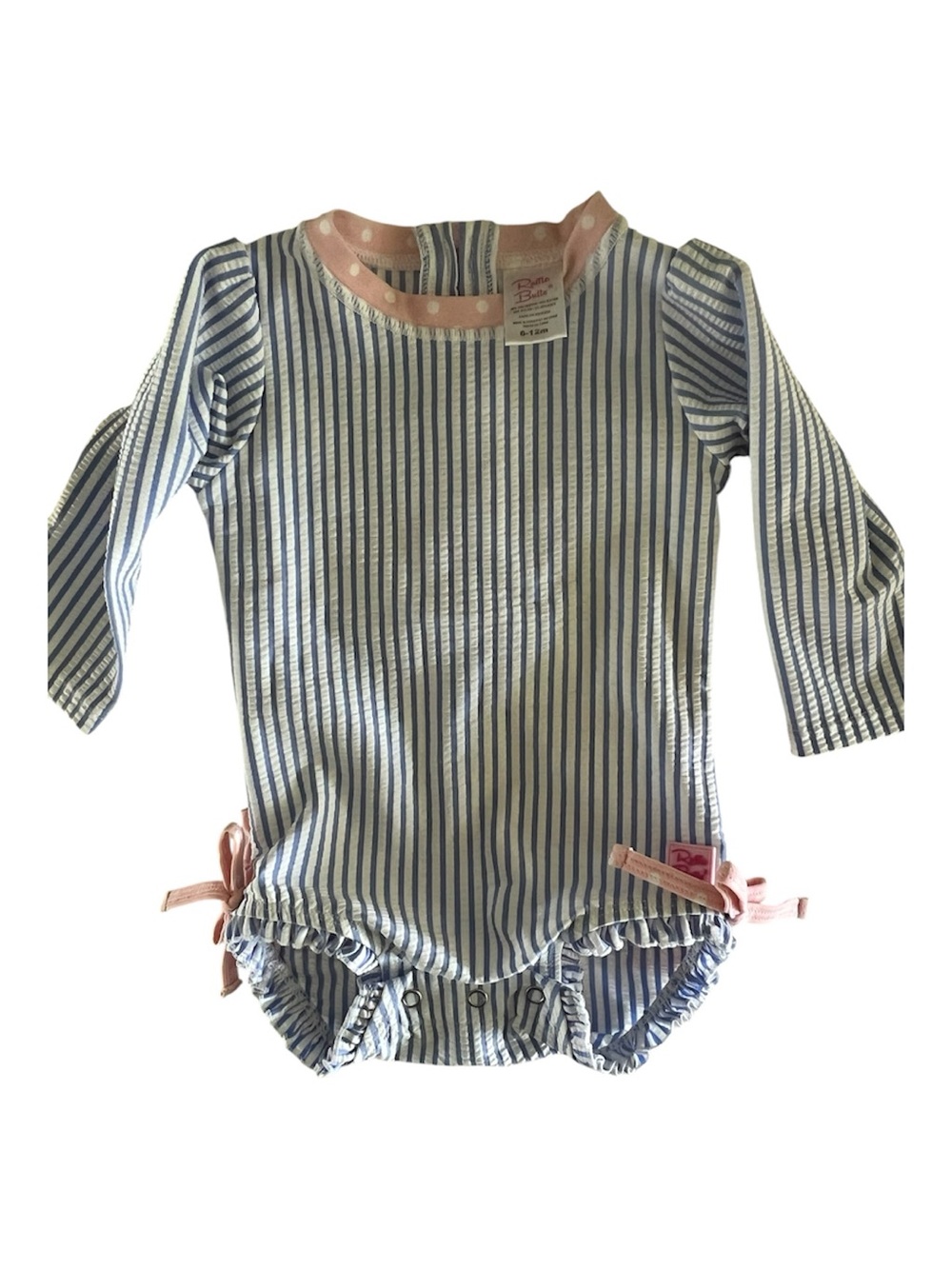 Ruffle Butts Blue and White Stripe Long-Sleeve One-Piece with Pink Trim 6-12m